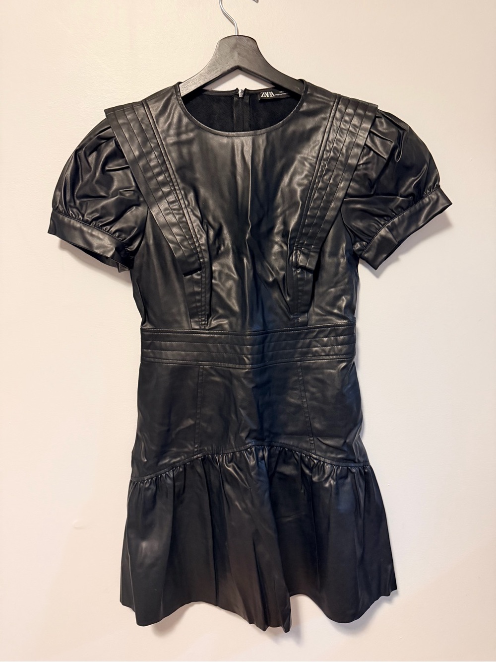 Zara Black Faux Leather Puff Sleeve Mini Dress